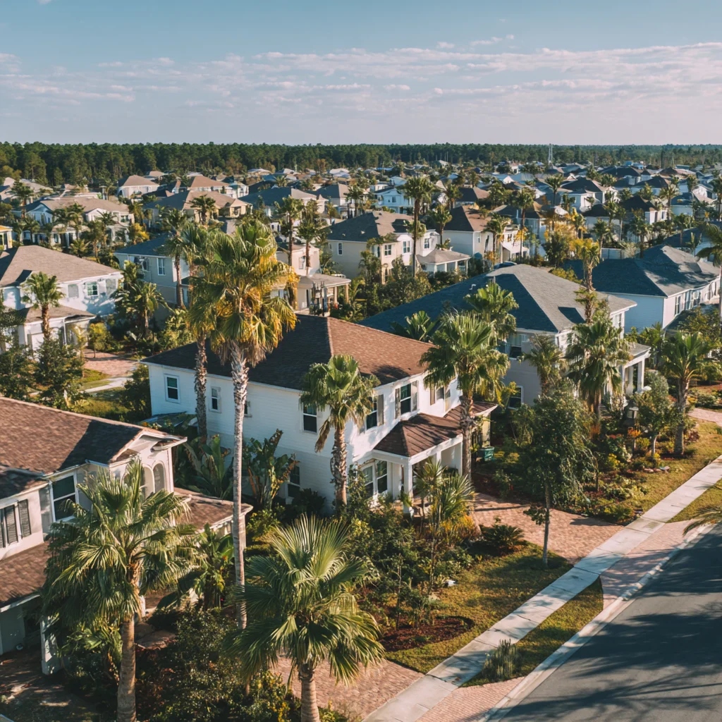Aerial view of Florida neighborhood with clean roofs