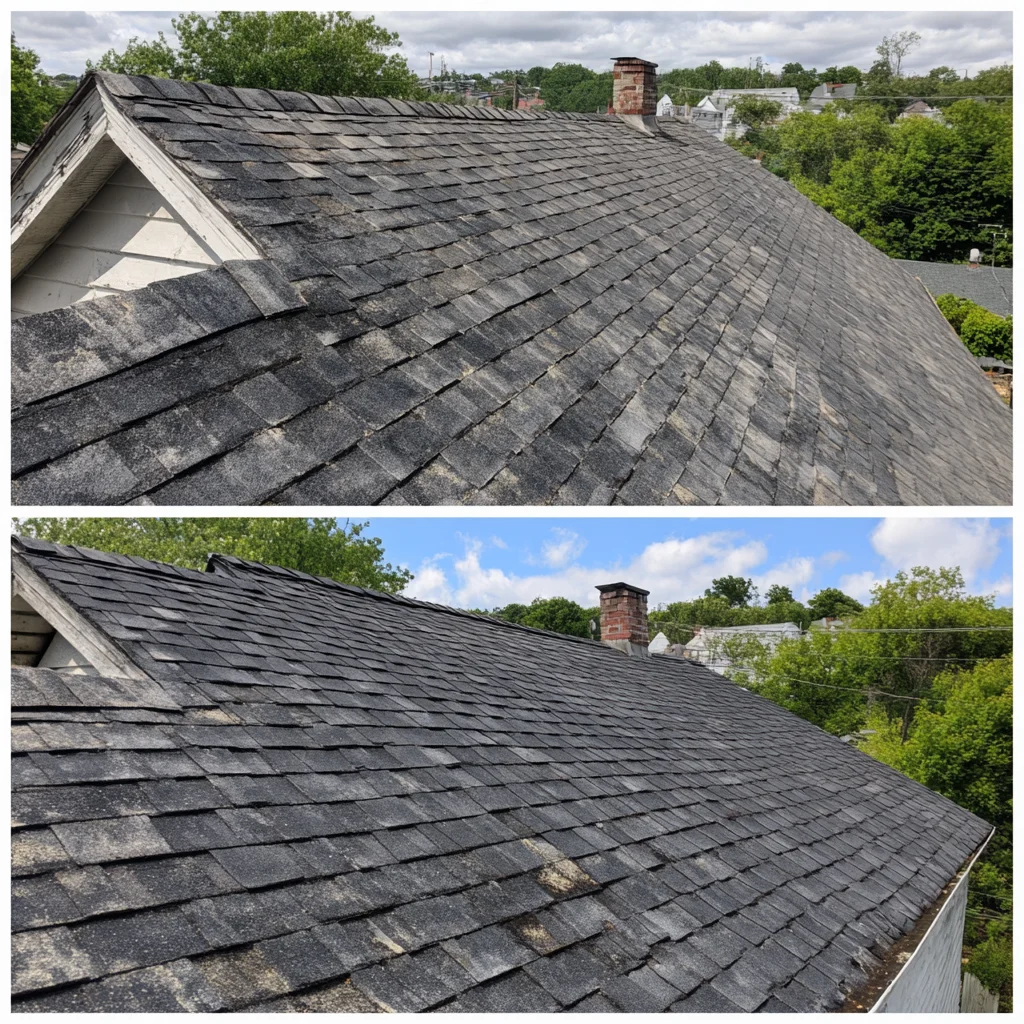 Roof with algae stains before cleaning