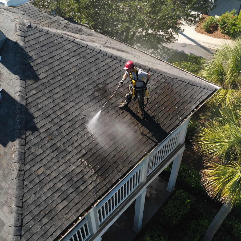 Professional technician safely cleaning Florida roof