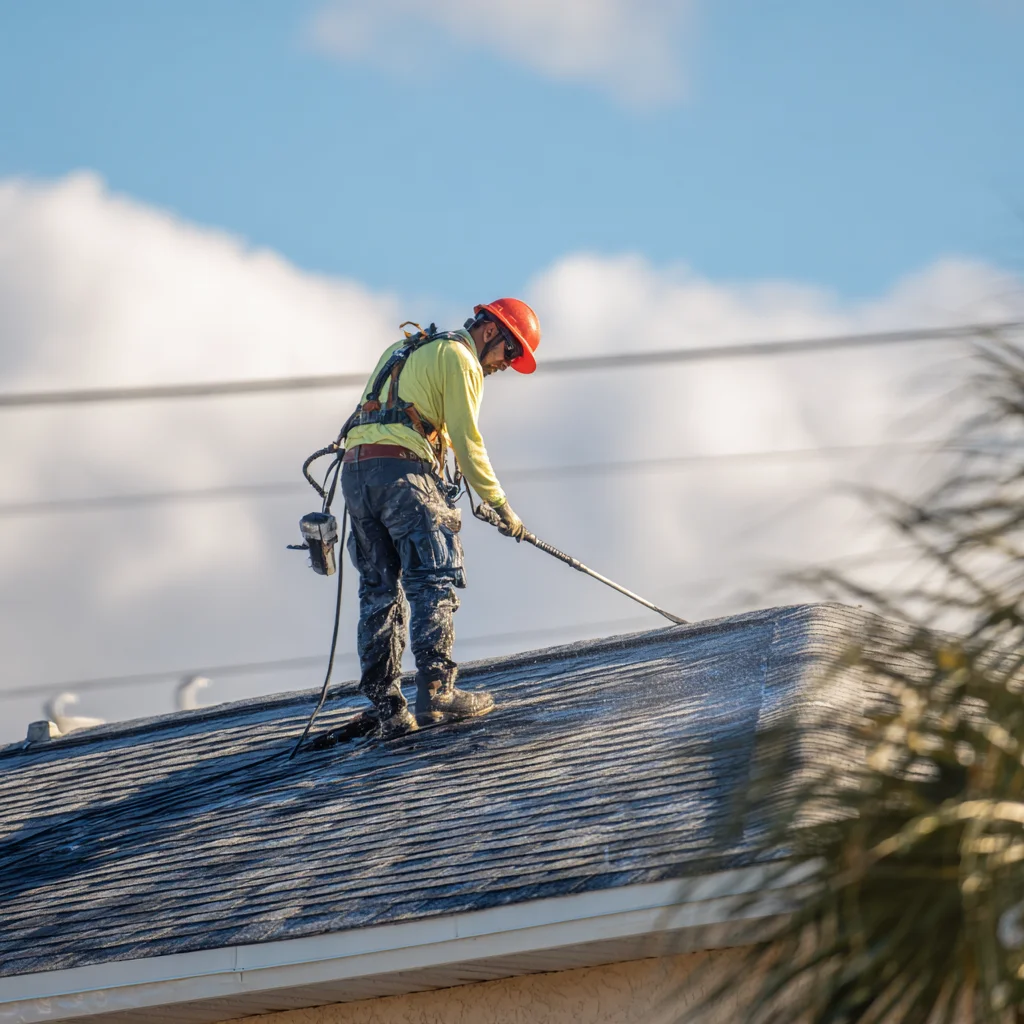 Professional technician cleaning roof with proper equipment